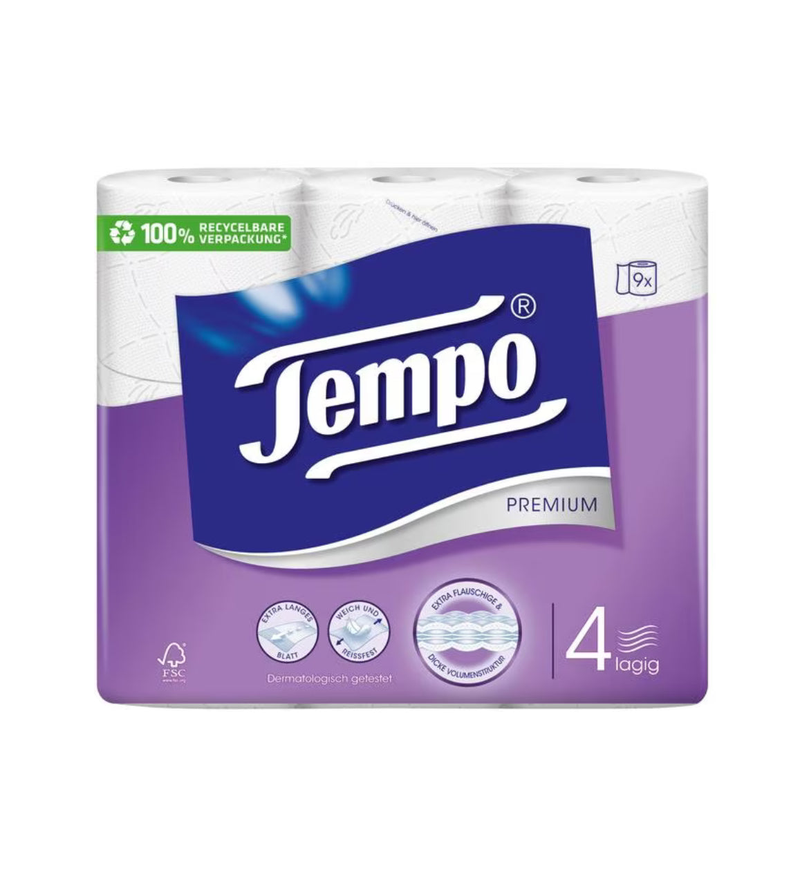 Toilettenpapier Premium 9 Rollen, 4-Lagig, Weiss