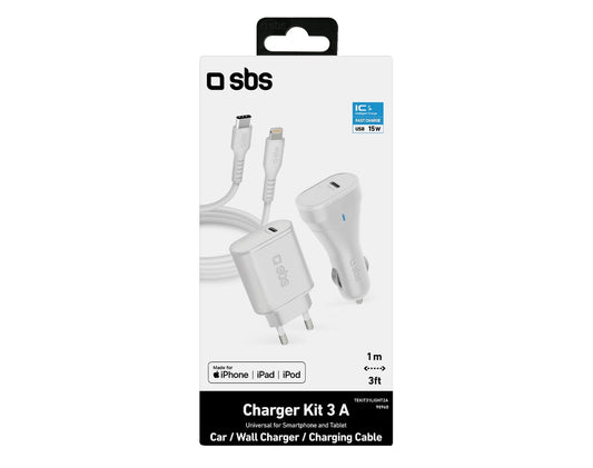 SBS Reiseladeset 3in1 Lightning, Auto- und Reiseladegerät + Lightning Kabel, weiss