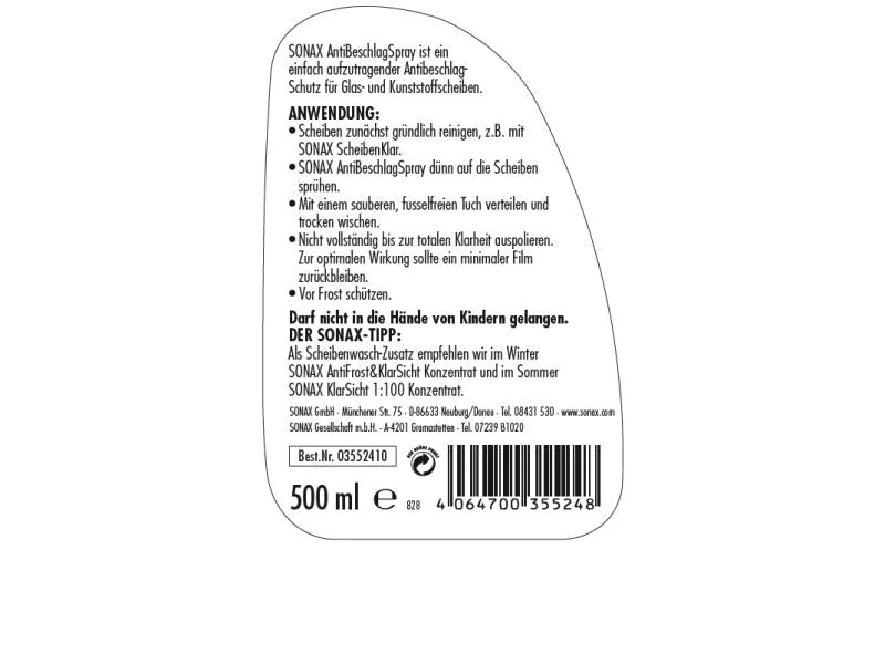 Sonax Antibeschlag-Schutz Spray 500 ml