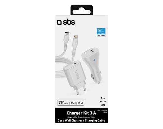 SBS travel charging set 3in1 Lightning, car and travel charger + Lightning cable, white